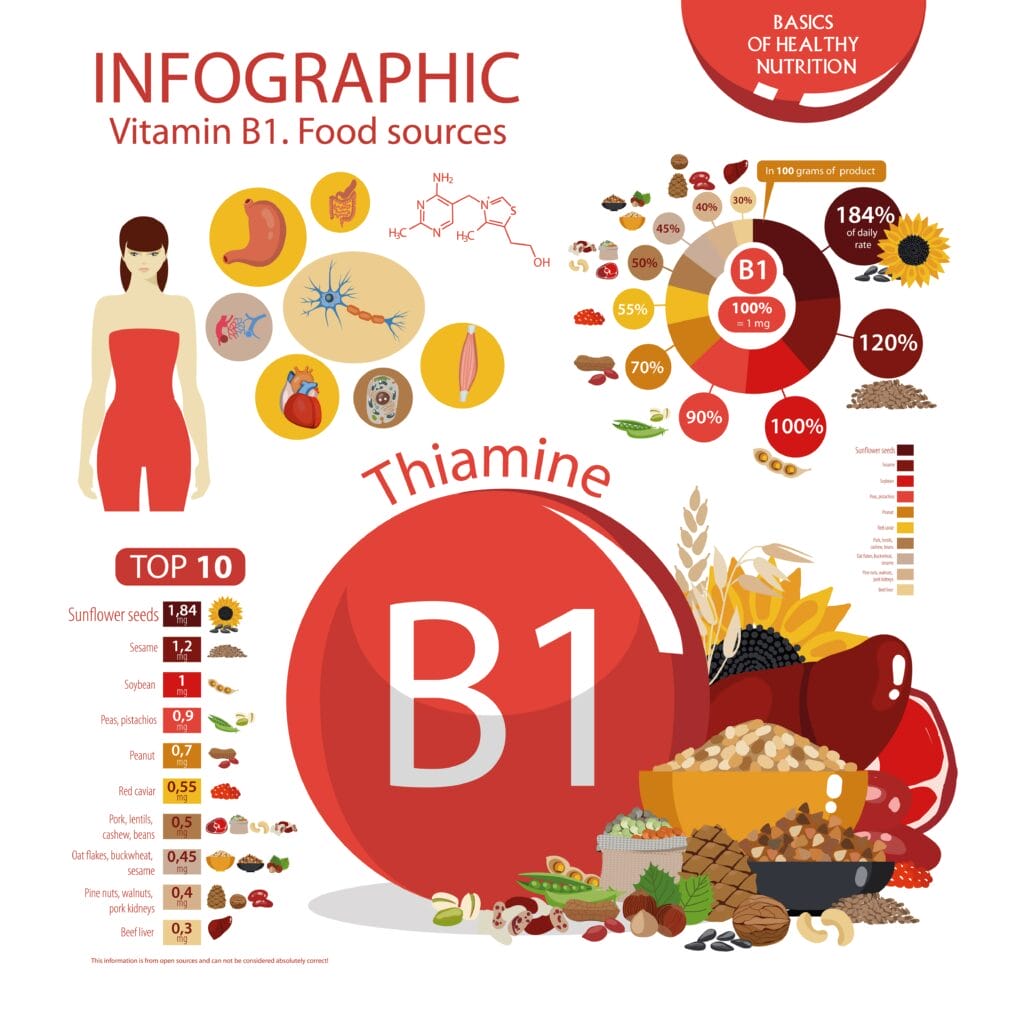 Vitamin B1 (thiamine). Food sources. Infographics: top 10 natural organic products with the maximum vitamin content. Influence on the human body. Daily rate